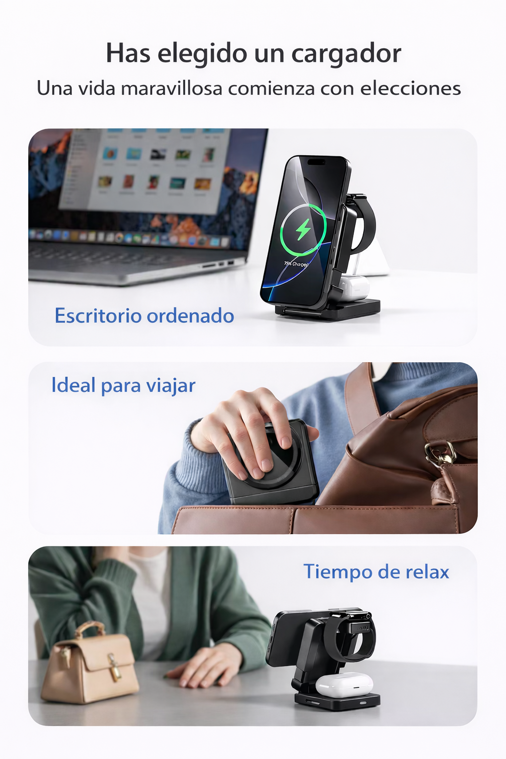 Cargador inalámbrico Onecharge 3 en 1 - Orden y Comodidad al mismo tiempo